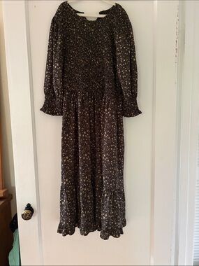 bohme Black Floral Long Sleeve Tiered Midi Dress